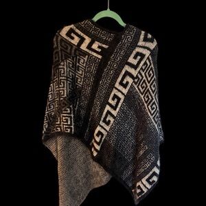 Black and Cream Geometric Knit Poncho Sweater
